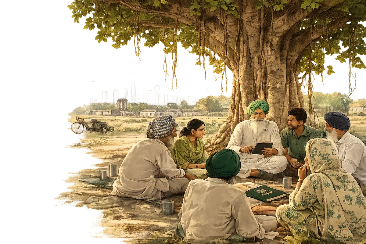 A mixed-generation Punjabi community sits together under a banyan tree while one person shares a tablet.