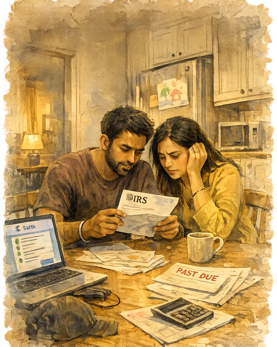 A couple reviews an IRS letter and household paperwork together at a kitchen table.