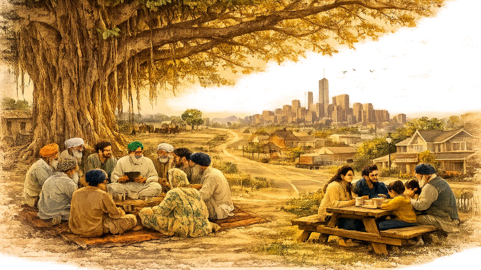 A banyan-tree gathering in Punjab transitions along a road toward an American neighborhood and city.